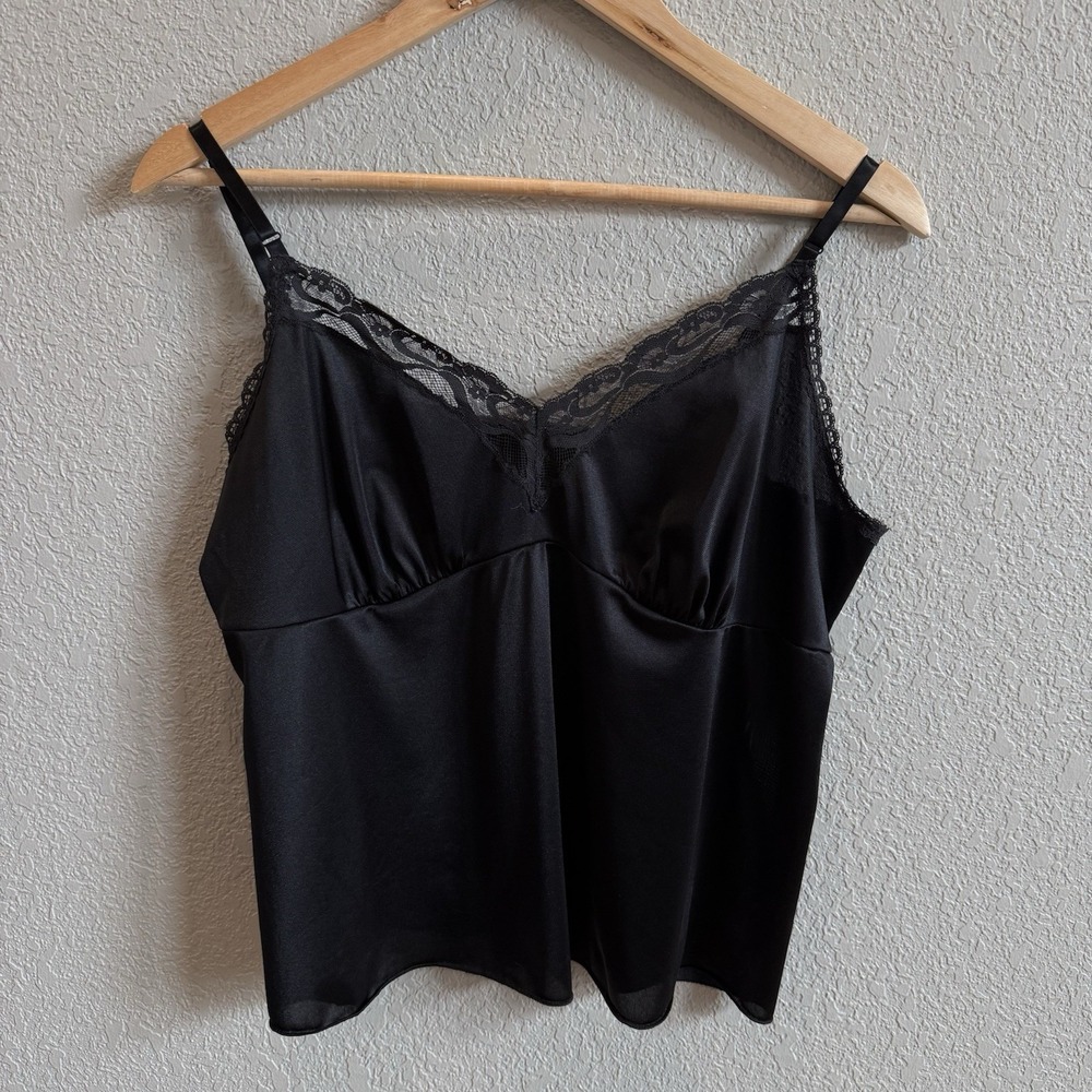 Black Cami Camisole Lace Trim • VTG Vanity Fair • Women's Size 40 Satin Nylon